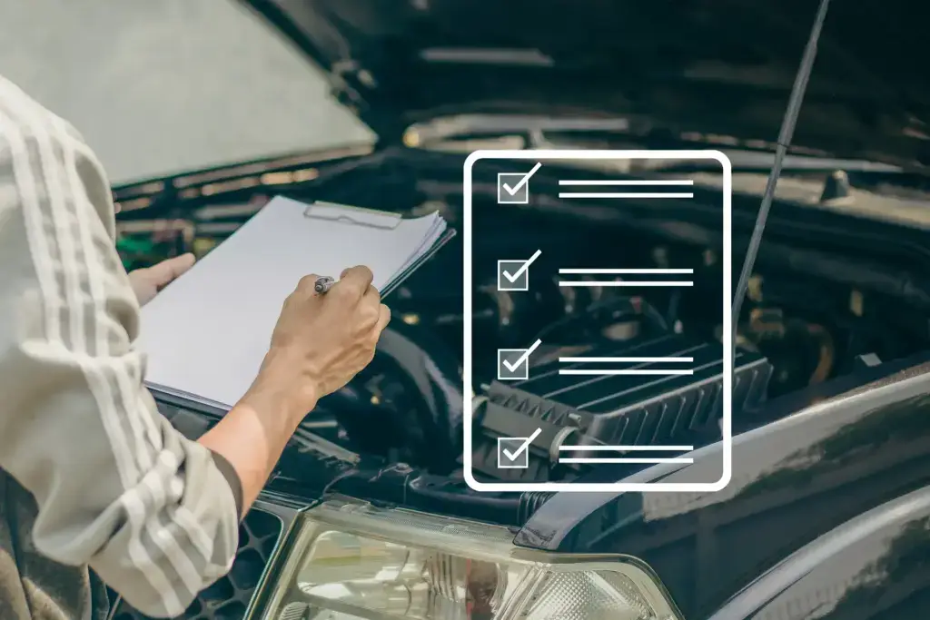 KFZ-Gutachter erstellt eine Fahrzeugbewertung anhand einer Checkliste und prüft den technischen Zustand eines Fahrzeugs mit geöffneter Motorhaube