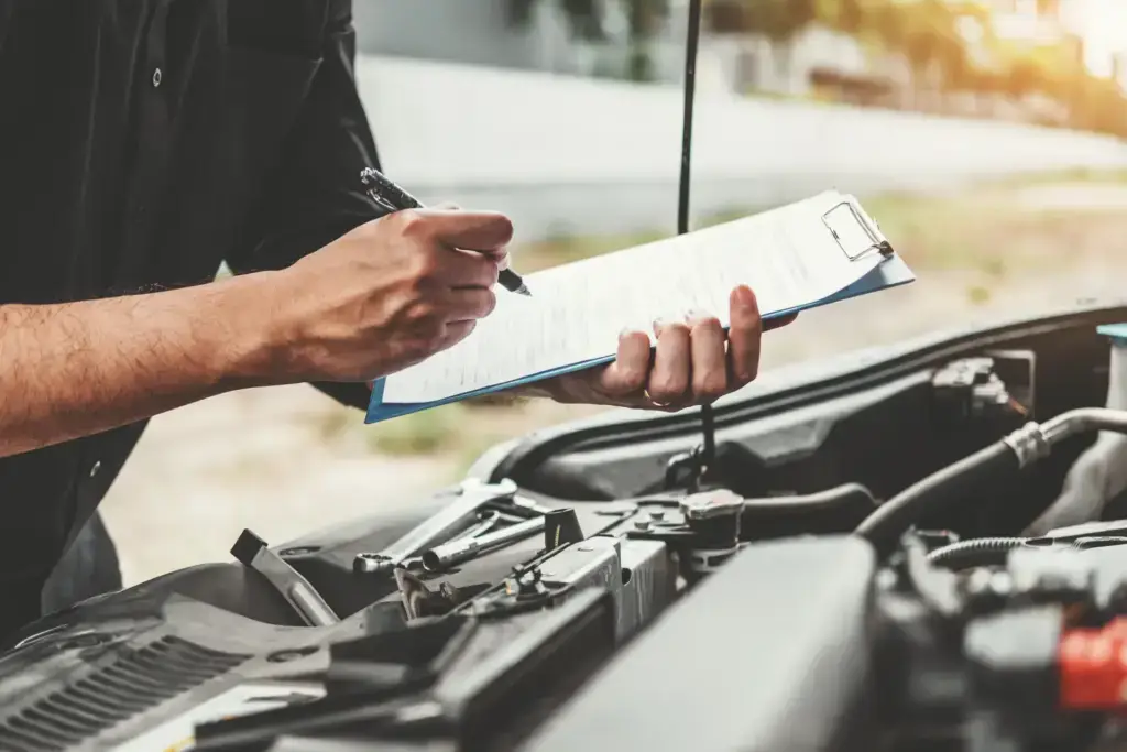 KFZ-Gutachter dokumentiert nach einer Fahrzeugreparatur die durchgeführten Arbeiten und erstellt eine Reparaturbestätigung am geöffneten Motorraum
