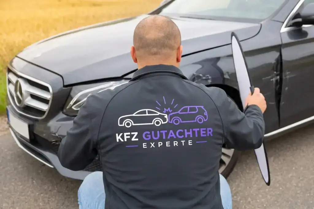 KFZ Gutachter begutachtet Unfallschaden an Mercedes für Versicherungsgutachten einer Versicherung in Hamburg