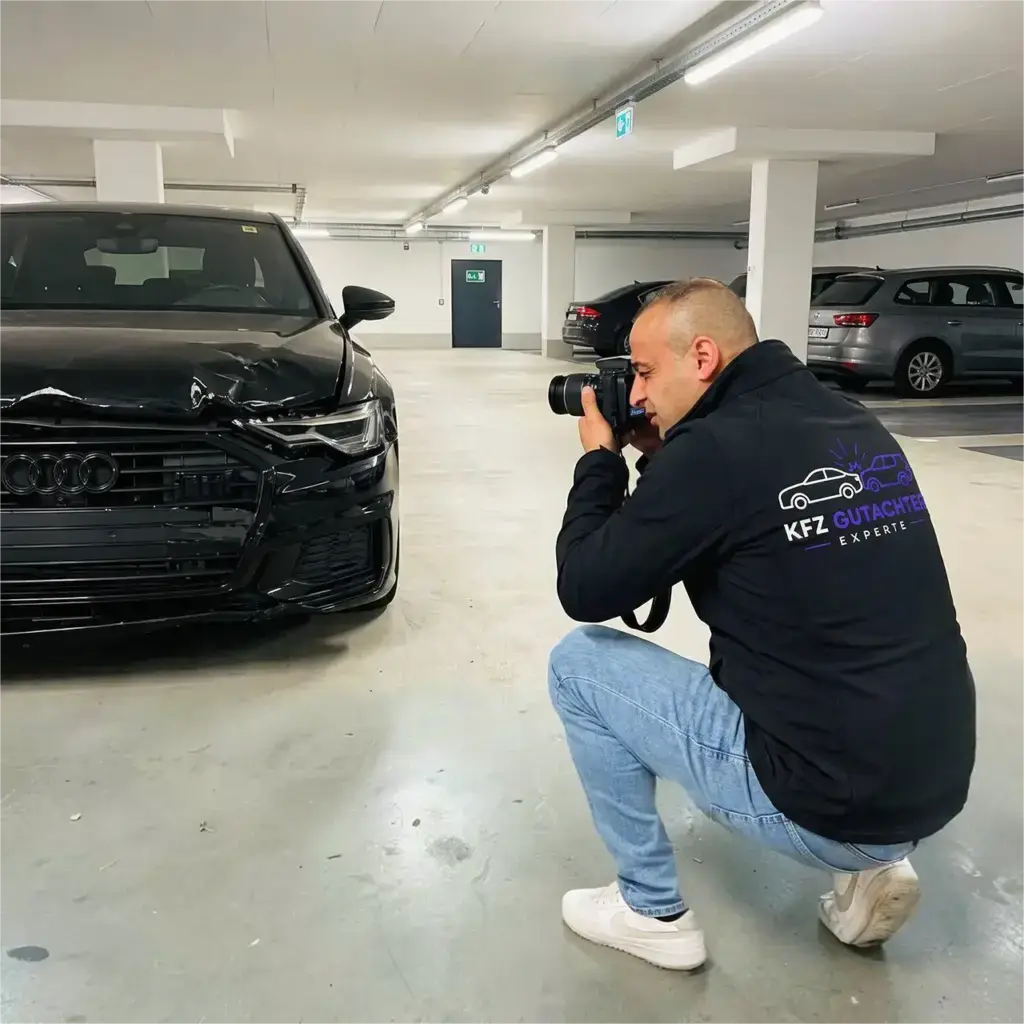 KFZ-Gutachter dokumentiert Unfallschaden an Audi in Tiefgarage in Hamburg nach Kontakt durch Kunden.